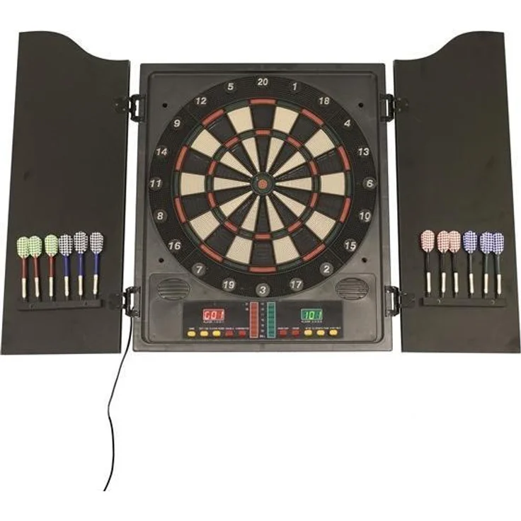 THQ NORD elektronisches Dartscheiben-Kabinett-Set mit LED-Punktezähler, inklusive Stahldarts und Spielmodi für bis zu 8 Spieler