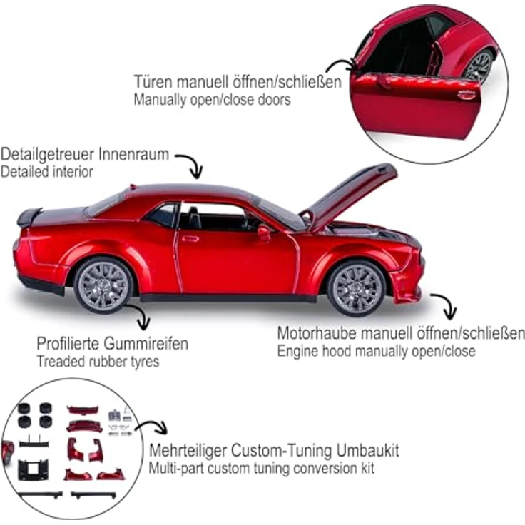 JAMARA Dodge Challenger SRT Jailbreak Diecast 1:36, Modellauto mit Tuning-Kit und manuell öffnenden Türen, Geschenkidee für Kinder – Bild 4