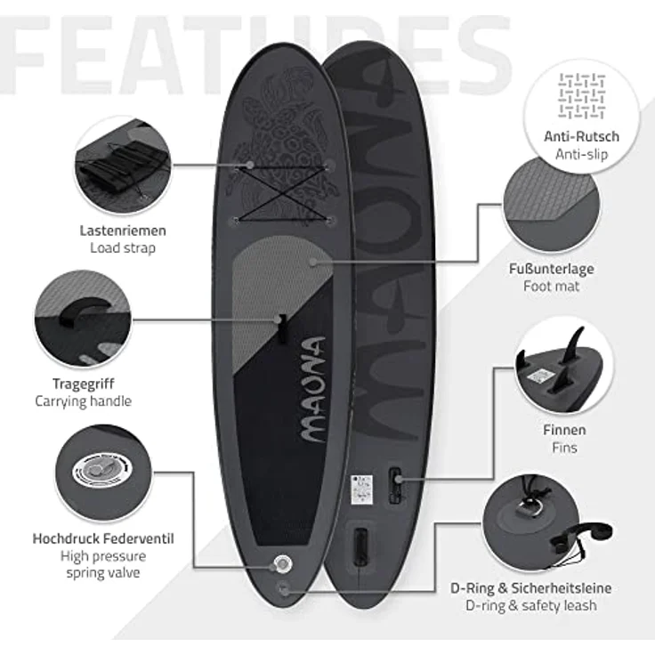 ECD Germany Aufblasbares Stand Up Paddle Board Maona, 308 x 78 x 10 cm, Schwarz, PVC, bis 120 kg, inkl. Pumpe & Tragetasche, Komplettset mit Paddel und Zubehör – Bild 3