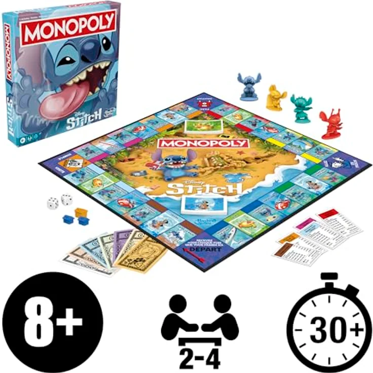 Hasbro Monopoly Stitch, Disney Lilo & Stitch Edition, Brettspiel für 2 bis 4 Spieler, 30 Minuten Spielzeit, ab 8 Jahren mit 4 einzigartigen Spielsteinen und Strandhäusern – Bild 2