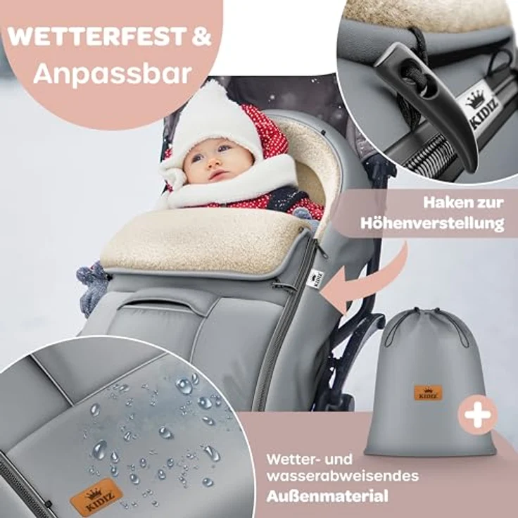 KIDIZ® Babyfußsack Baby Fußsack Winterfußsack Babyschale mit Reißverschluss Kuschelsack Babydecke Kinderwagen waschbar verschließbarer Kopfteil ,Tasche, passend für alle Kinderwagen Anthrazit – Bild 8