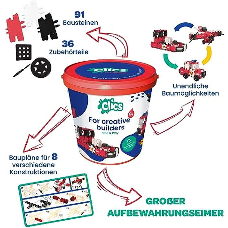 Clics Fire Edition- Konstruktionsspielzeug für Kinder ab 3 Jahre, 127 Teile Set, Montessori STEM-Spielzeug, Langlebige Bausteine - Clics – Bild 2