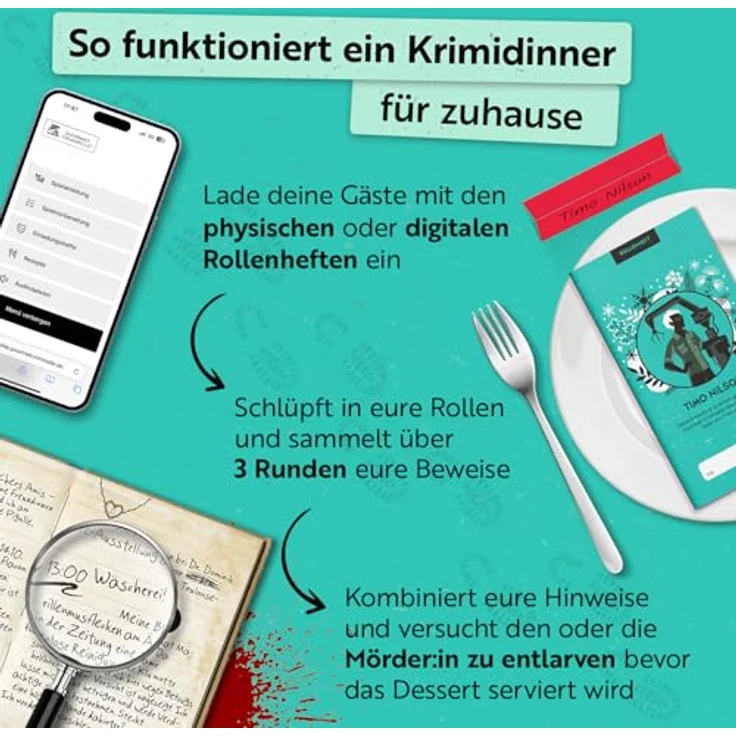 Gourmet Criminelle® Krimidinner für zuhause, Mordfall Korkenknall für 4-6 Spieler, spannendes Crime Dinner Spiel ab 16 Jahren, inklusive Rezepten und Audiohinweisen – Bild 3