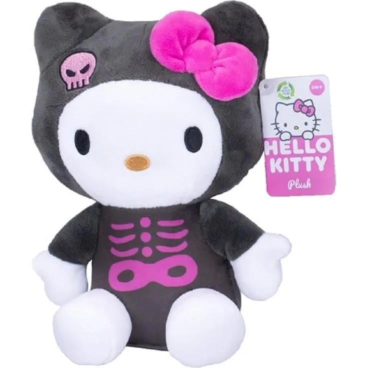 SANRIO Hello Kitty Chococat Plüschtier, schwarzes Skelett-Outfit, ca. 25 cm weich und aus 100% recyceltem Material