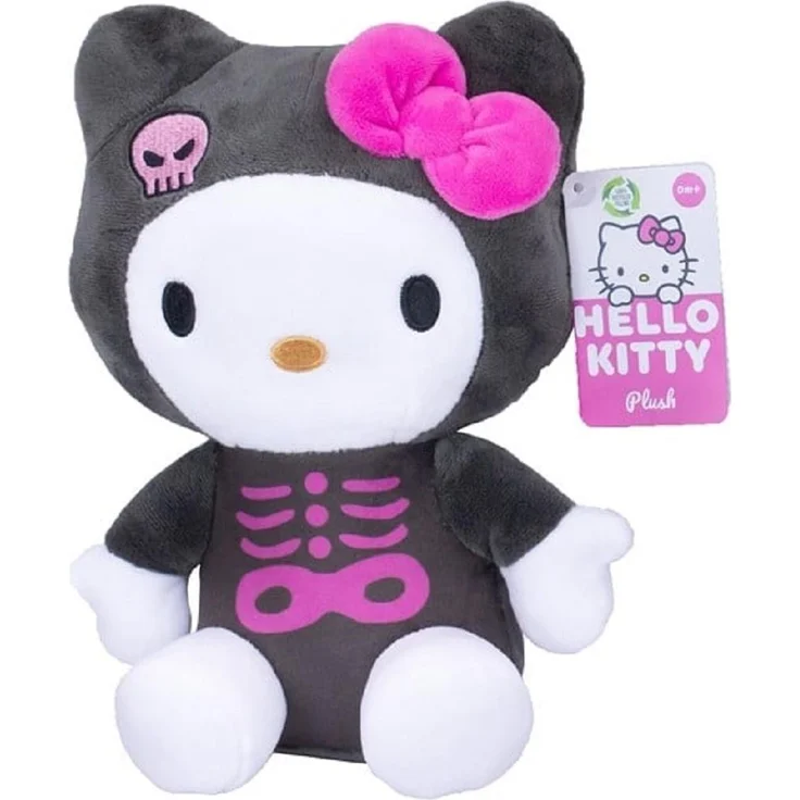 SANRIO Hello Kitty Chococat Plüschtier, schwarzes Skelett-Outfit, ca. 25 cm weich und aus 100% recyceltem Material