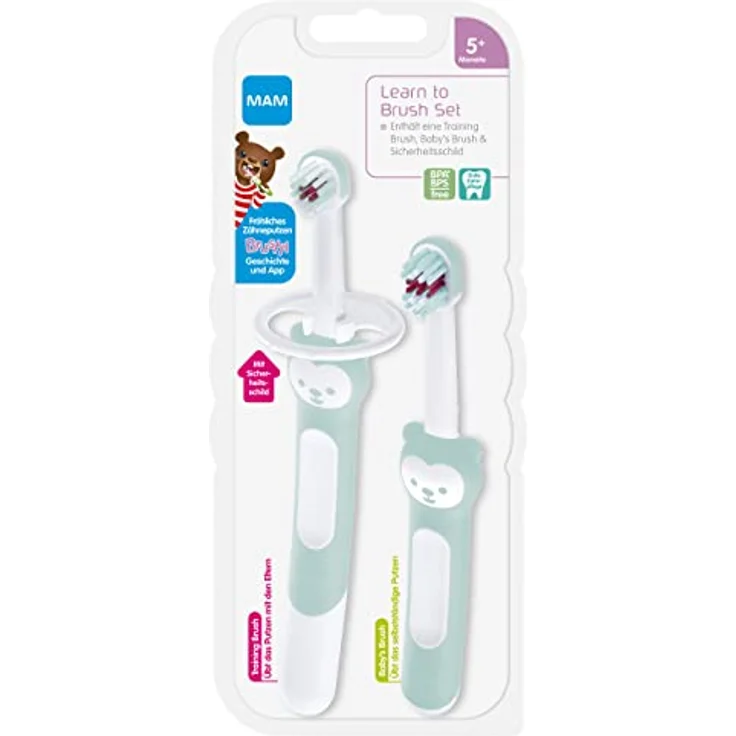 MAM Learn to Brush Set, Baby Zahnbürste mit langem Griff zum gemeinsamen Halten, Kinderzahnbürste trainiert das Zähneputzen, ab 5+ Monate, türkis, 1 Stück (1er Pack) – Bild 2