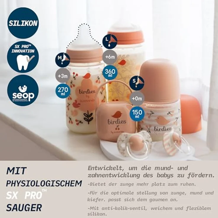 Suavinex Babyflasche 270 ml mit SX Pro Silikon-Sauger, Antikolik, mittlerer Fluss (M), Design Birdies Rosa, für Milch und Säfte, ab 3 Monaten – Bild 3
