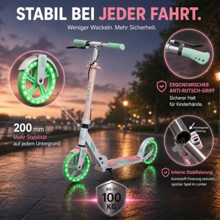 ALVIX Cityroller Kinderroller K-Serie mit Handbremse, faltbar, 200-mm-LED-Räder, breites 120-mm-Deck, Tragegurt, empfohlen ab 6 Jahren – Bild 4