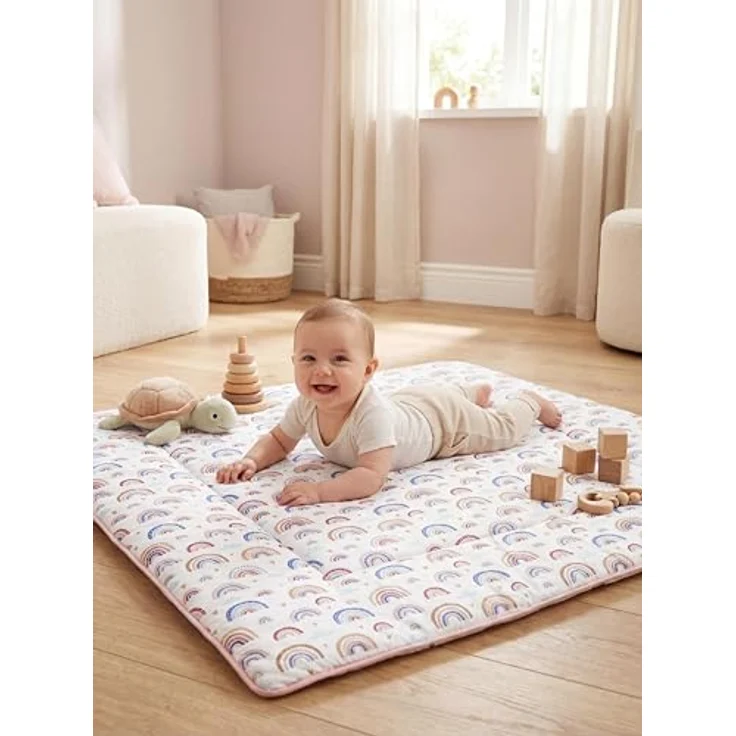 TupTam Krabbeldecke XXL 120x120 cm, gepolsterte Spieldecke aus 100% Baumwolle, OEKO-TEX, weich & hautfreundlich, Farbe: Regenbogen Blau Rosa – Bild 3