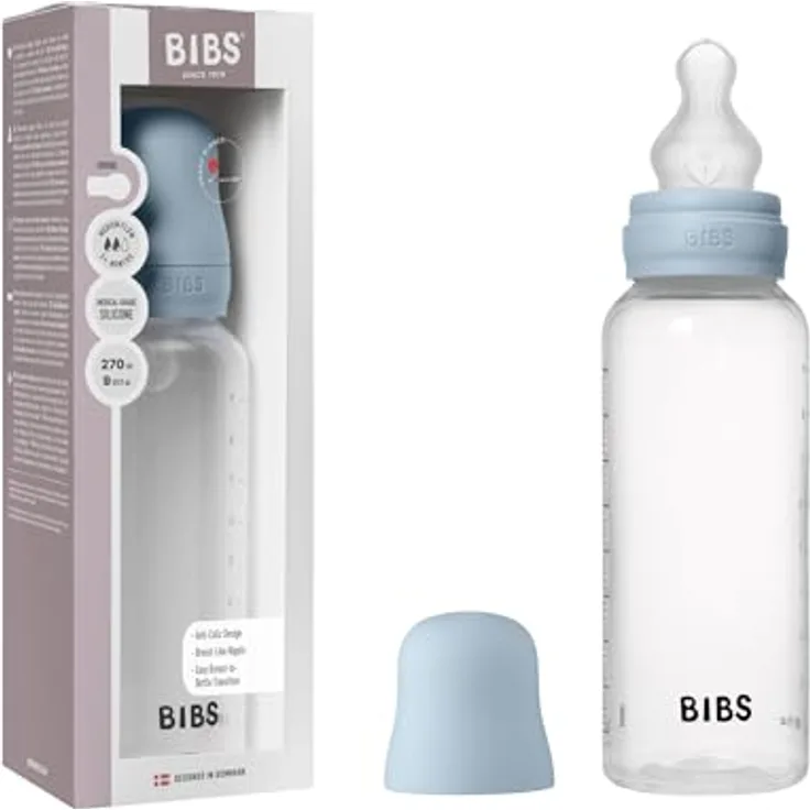 BIBS Babyflasche 270 ml, Silikon-Sauger, Anti-Kolik, BPA-frei, mittlerer Fluss, leicht und einfach zu reinigen, geeignet für Neugeborene ab 0 Jahren - Baby Blue