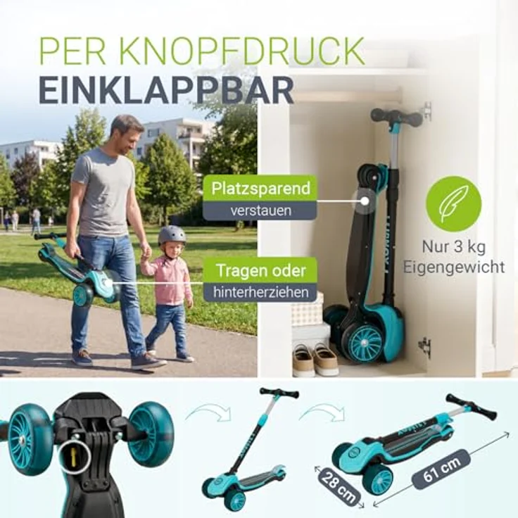 JUSKYS® Kinderroller Lumox Blau, höhenverstellbarer Dreiradscooter mit LED-Rollen und 4-Farb-Blinkeinstellung, klappbar & Hinterradbremse – Bild 5