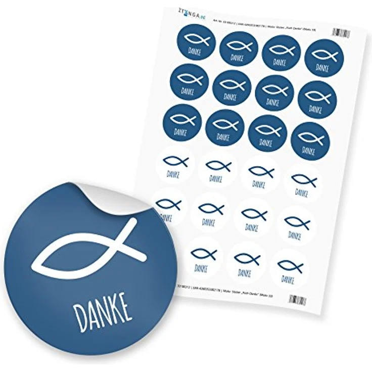 itenga 24x Aufkleber Fisch für Taufe, Kommunion, Konfirmation, Firmung, blau mit Text, 4 cm Durchmesser, selbstklebend, hochwertiges Papier – Bild 1