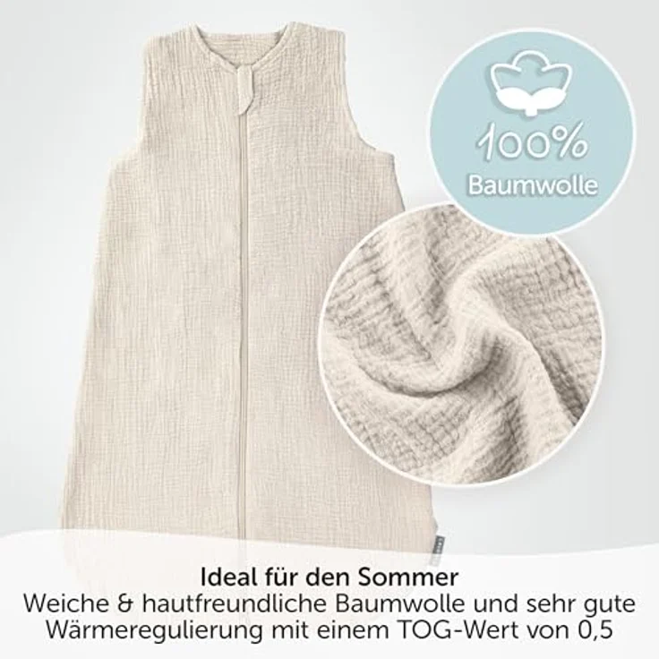 LaLoona Sommerschlafsack Mull, ärmellos, leichter Baby Schlafsack aus 100% Baumwolle, 0.5 TOG, ÖkoTex Standard 100, Beige, 110 cm – Bild 2