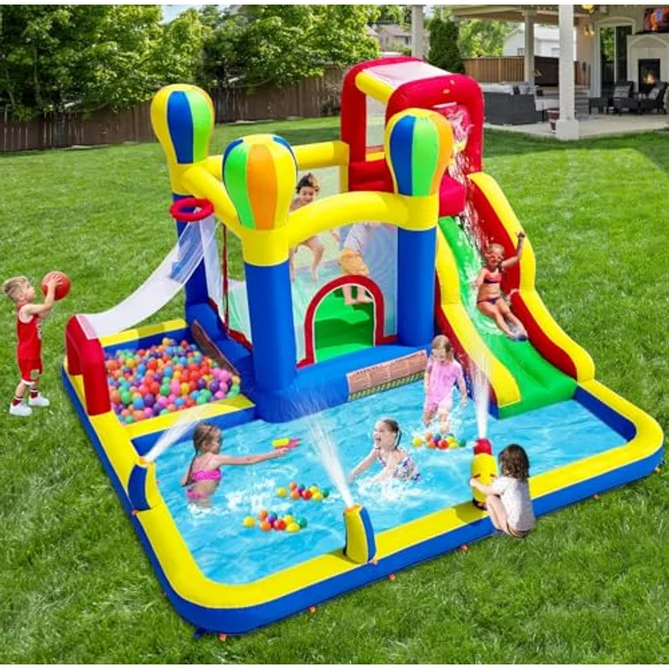 Baralir Aufblasbare Hüpfburg Indoor mit Trocken-/Wasserrutsche für Kinder von 3 bis 8 Jahren, 340×335×209CM, inkl. Gebläse und tragbarer Tragetasche – Bild 2