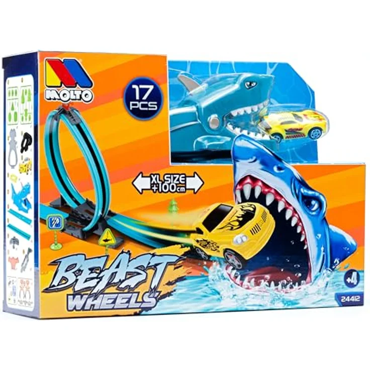 M MOLTO Beast Wheels Schiebe, Autorennbahn mit 360º Looping, Modell Dinosaurier Rex und Shark Track, inklusive 1 Reibungsauto und 6 Zubehörteilen, 107 x 28,5 x 11 cm – Bild 2