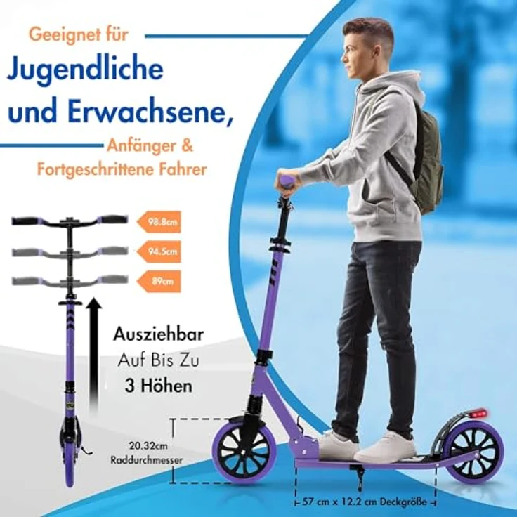 SereneLife Cityroller, klappbar & höhenverstellbar, Unisex-Tretroller für Kinder & Erwachsene, Big Wheel Scooter bis 120 kg belastbar, 8-9 Zoll Räder – Bild 4