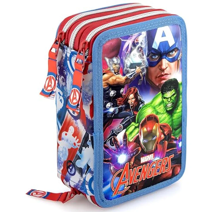 Clondo 3-Fach Federmäppchen für Jungen, Avengers Fan Edition – 45-teilig, komplett gefüllt mit Schere, Kleber, Buntstiften 3.0 – Blau – ideal für Schule & als Geschenk – Iron Man, Captain America, Hulk – Bild 1