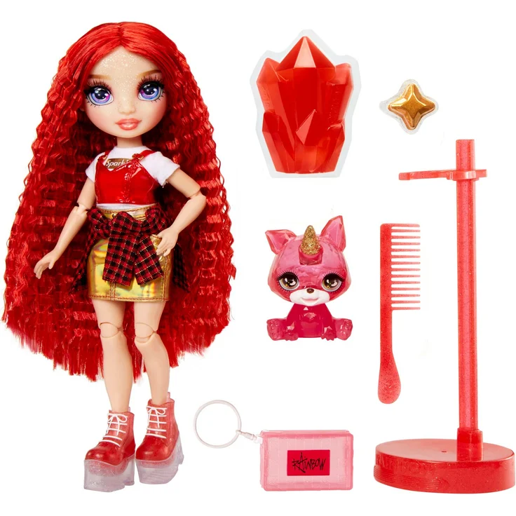Rainbow High Anziehpuppe Classic Ruby Fashion Doll - Glitzerhaftes Haustier & lange Haare – Bild 1