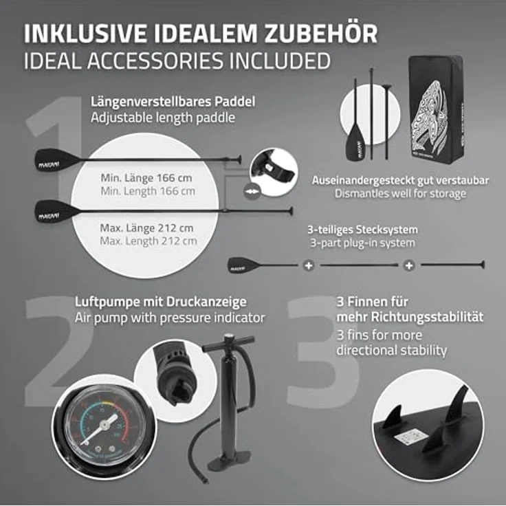 ECD Germany Aufblasbares Stand Up Paddle Board Makani 320x80x15 cm, Schwarz-Rot, aus PVC, bis 120 kg, Komplettset mit Paddel, Pumpe und Tragetasche – Bild 4