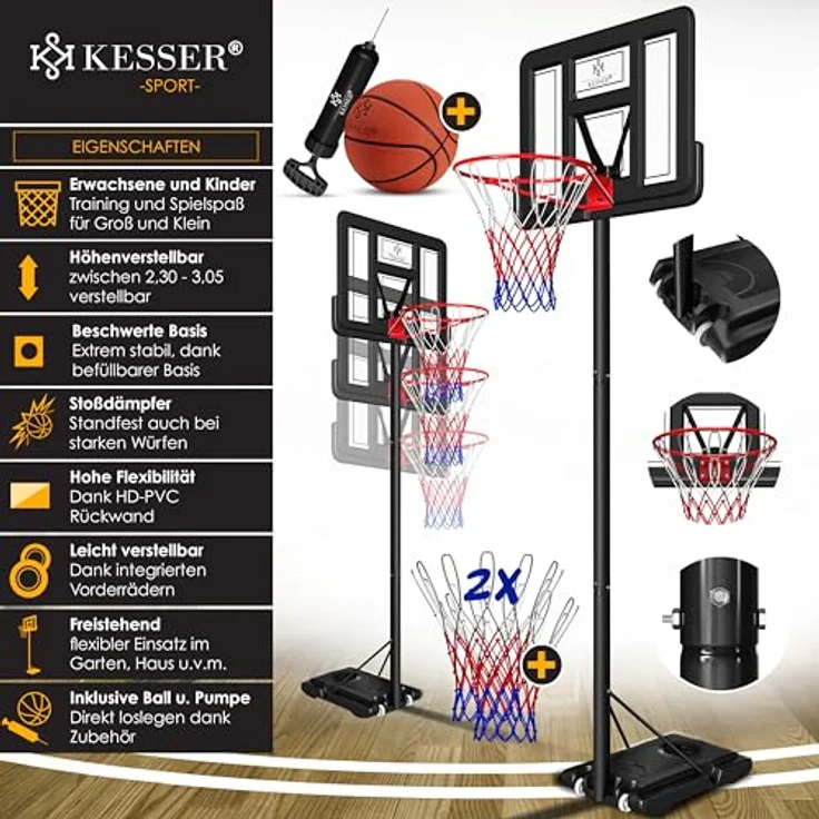 KESSER® Basketballkorb Premium mit Ständer Rollen Inkl. Basketball + Pumpe verstellbare Korbhöhe 230 bis 305 cm höhenverstellbar Korbanlage Outdoor komplett Basketballanlage für Erwachsene Kinder Schwarz - Preisvergleich – Bild 3