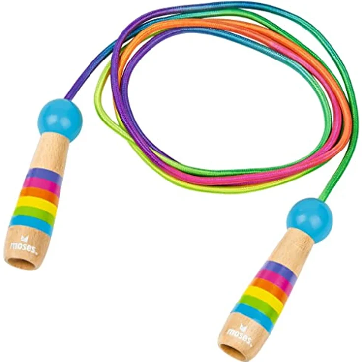 moses. Regenbogen Springseil, verstellbares Hüpfseil für Kinder, buntes Seil aus Polyester mit Holzgriffen, trainiert Ausdauer, Kraft und Fitness – Bild 1