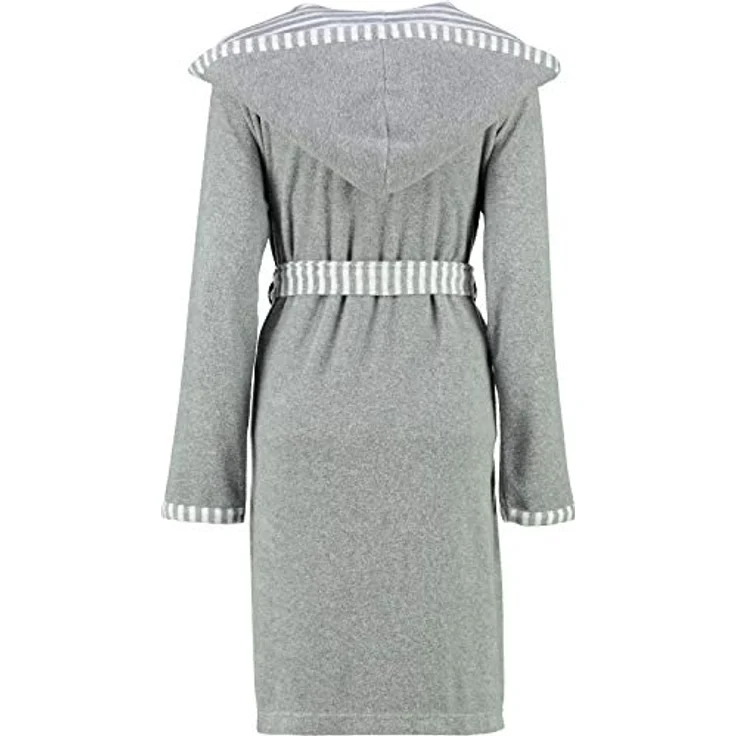 Vossen Damen Bademantel Juno, Kurzmantel mit Kapuze, grau melange, 80% Baumwolle, figurformend, modern-gestreifte Bordüre – Bild 2