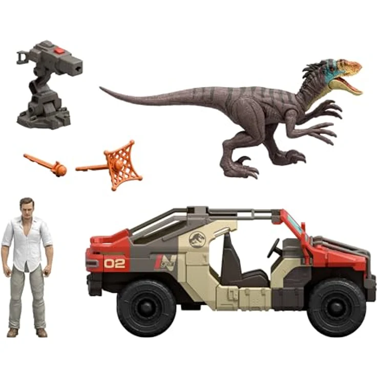 MATTEL JURASSIC WORLD Launch 'N Battle-Fahrzeug mit Velociraptor- und Martin Krebs-Figuren, 27 cm, inklusive DNA-Proben-Pfeil und Netzprojektil – Bild 2