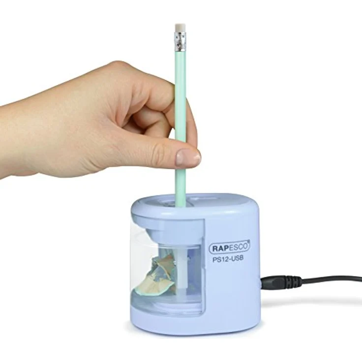 RAPESCO PS12-USB, elektrischer Anspitzer mit Doppel-Loch Design für 6-12 mm Stifte, hellblau, USB/Batterie-Antrieb – Bild 4