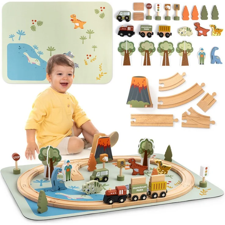 Mamabrum MAM268 RAILWAY Dino-Park Eisenbahnset, interaktive Holzeisenbahn mit Vulkan, Dinos und rutschfester Spielmatte
