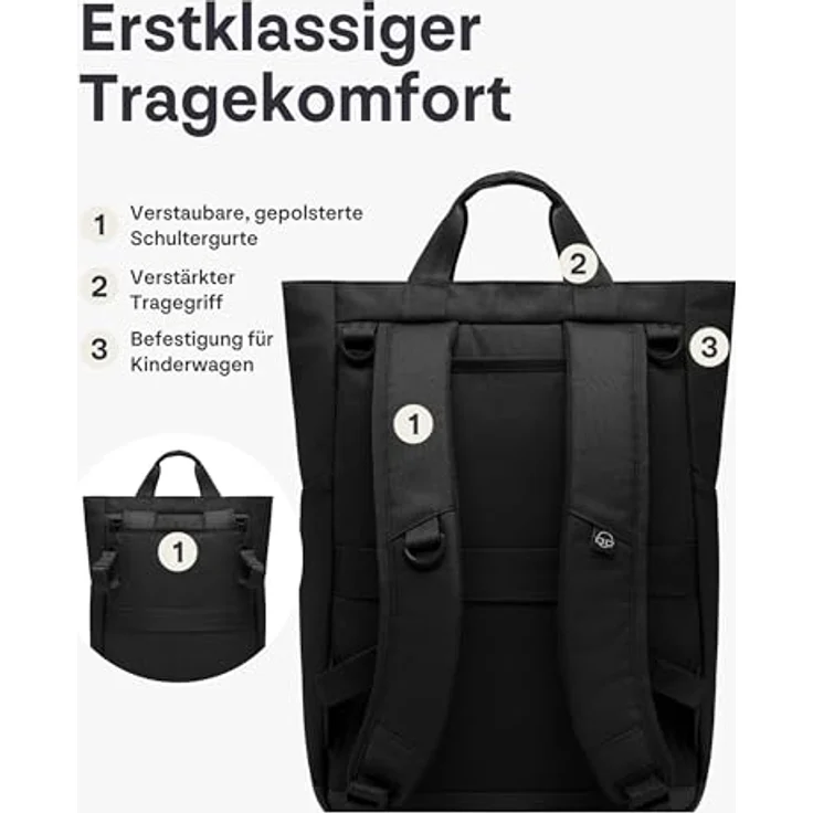 Johnny Urban Blair, Wickelrucksack & Wickeltasche für Kinderwagen, schwarz, 16 Liter Volumen, wasserabweisend, mit vielen Fächern & Flaschenhalter – Bild 4