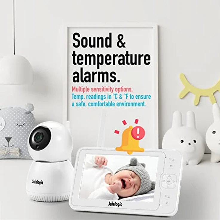 Sainlogic Video Babyphone mit Kamera,1080P FHD 5 Zoll LCD Display, Tag und Nachtansicht,100m Reichweite, Weitwinkelobjektiv, Weckfunktion, Temperatursensor, Weiß – Bild 5