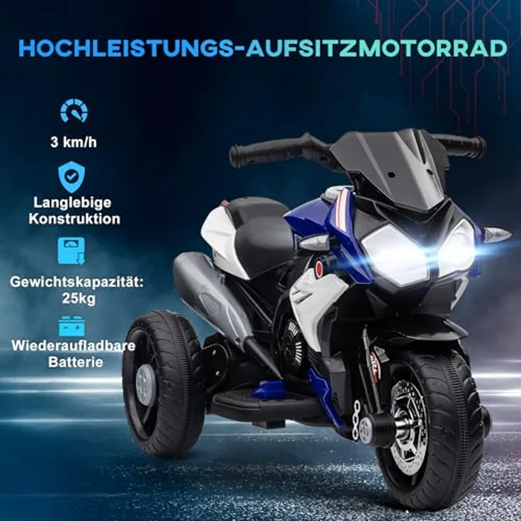 HOMCOM Elektro Kindermotorrad, Elektromotorrad mit Musik und Scheinwerfer, 3 km/h, für Kinder 3-5 Jahre, max. 25 kg, Blau+Weiß – Bild 4