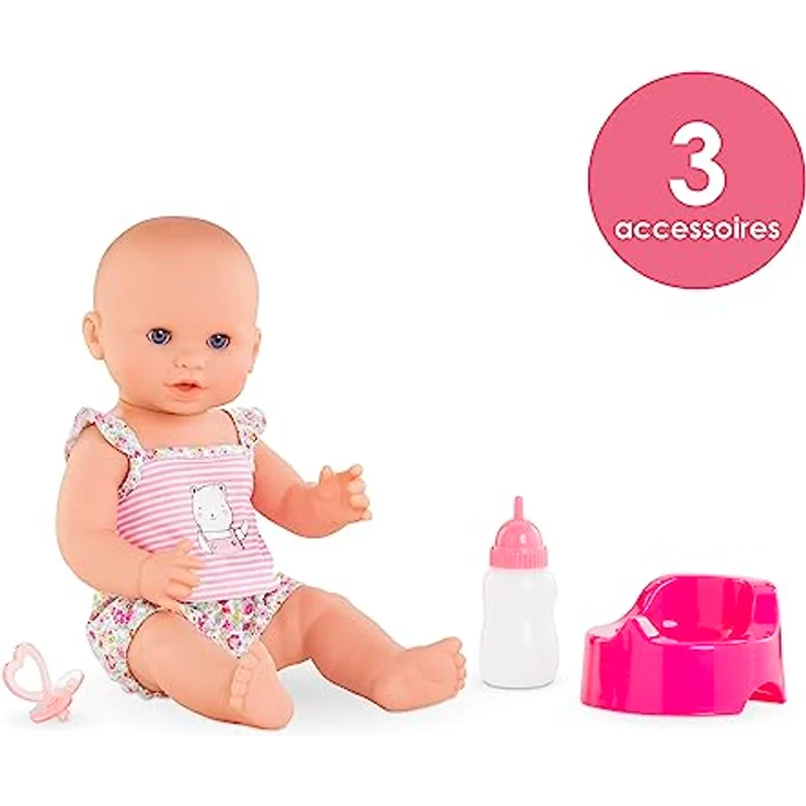 Corolle Emma Trink und Näss Badebaby, Vollvinylpuppe mit Schlafaugen, Trink und Nässfunktion, Schnuller, Flasche, Töpfchen, Vanilleduft, 36cm, ab 2 Jahren – Bild 4