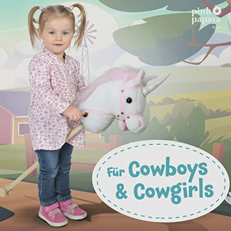 Pink Papaya Steckenpferd Einhorn Mandy, Plüschspielzeug mit Soundfunktion: Gewieher und Galoppgeräusch, Farbe: weiß mit rosa Mähne – Bild 3