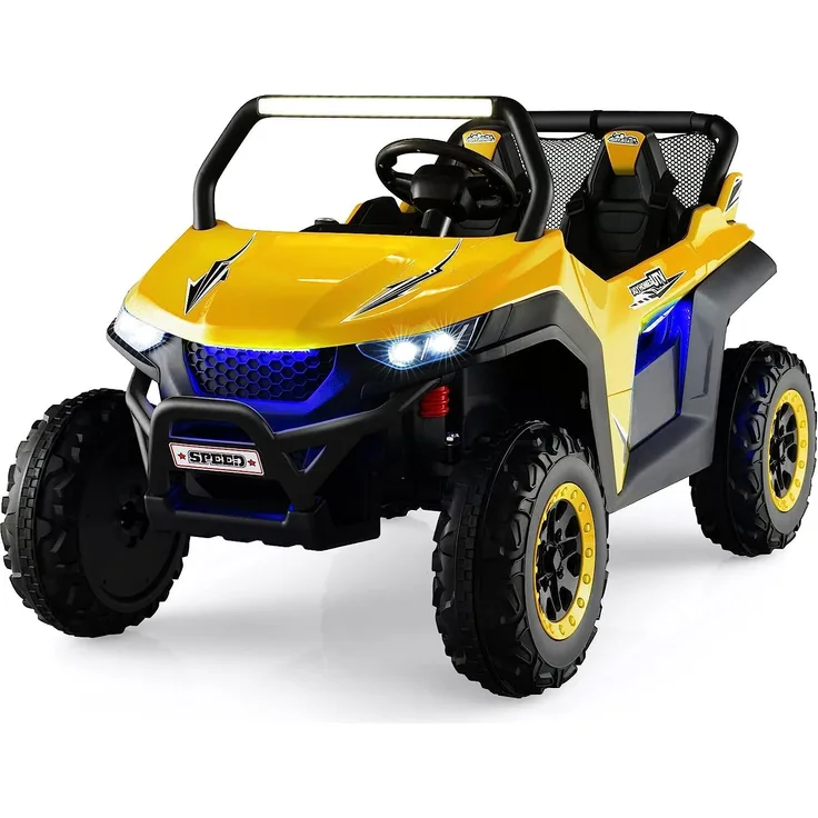 Dreamade 12V 2-Sitzer Elektroauto für Kinder, mit 2,4 GHz Fernbedienung, Scheinwerfer, Musik und USB, gelb, geeignet für 3-8 Jahre, max. 59 kg belastbar