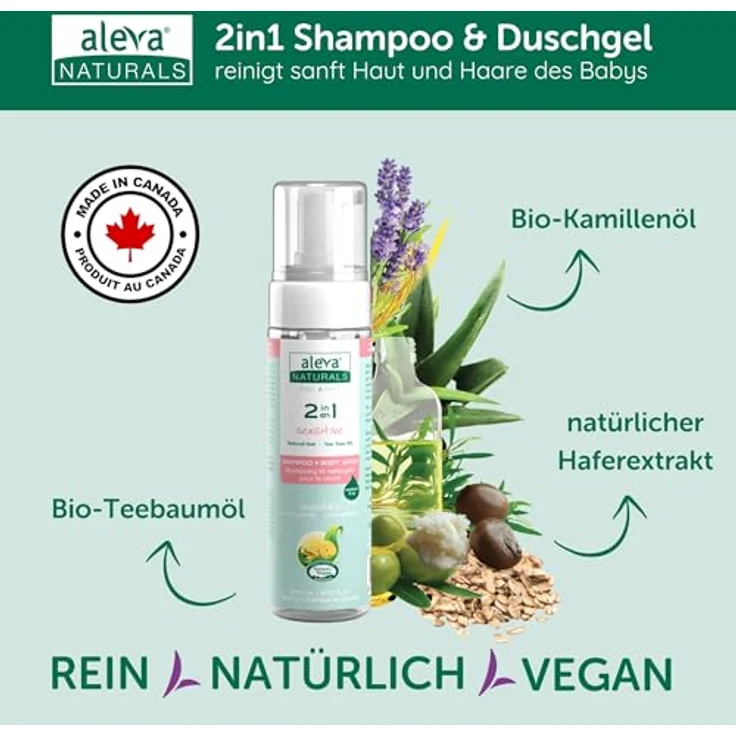 Aleva Naturals Newborn Baby Set, 100% natürliche Pflege für empfindliche Babyhaut, hypoallergen, ohne Parabene & Sulfate, enthält Shampoo, Lotion, Windelcreme & Feuchttücher – Bild 5