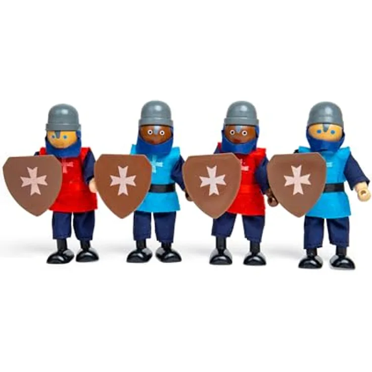 Bigjigs Toys Mittelalterliche Ritter, 4 Sammelfiguren in Blau und Rot, geeignet für Kinder ab 3 Jahren