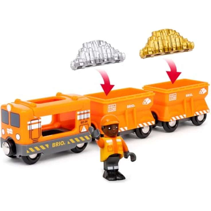 BRIO® Spielzeug-Eisenbahn BRIO® WORLD Güterzug Set, 6-tlg. mit leuchtend orangefarbener Lokomotive, FSC®-zertifiziert, inklusive Figur und Gold-/Silber-Ladungen – Bild 4