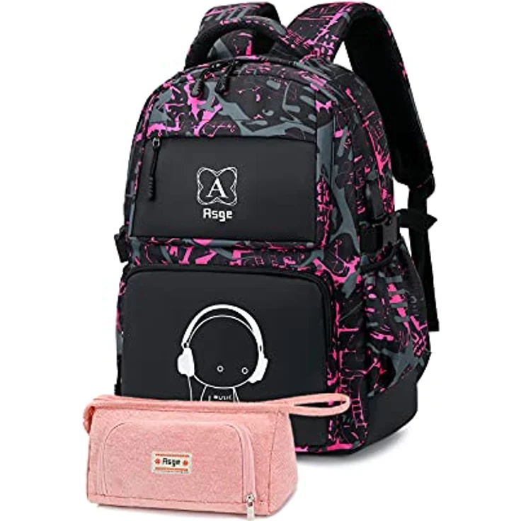 Asge Schulrucksack Mädchen, reflektierende Schultasche aus wasserabweisendem Oxford-Material, ergonomisches Design, inklusive Federmäppchen, ideal für Schule und Outdoor Aktivitäten – Bild 1