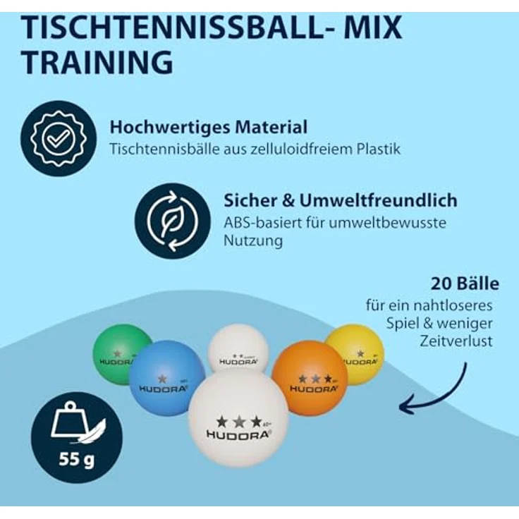 HUDORA Tischtennisball-Mix - 20 Stück - zelluloidfreie robuste Tischtennisbälle in verschiedenen Farben für Beerpong & Ping Pong - 6 weiße, 4 orange, 4 weiße Outdoor-Bälle, 2 blaue, 2 grüne, 2 gelbe Ein-Sterne Bälle – Bild 2