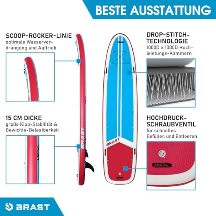 BRAST® SUP Board Family | Aufblasbares Stand up Paddle Set XXL | 370x87x15cm bis 210kg | inkl. Zubehör 2X Kajak-Sitz 2X Fußschlaufe 2X Paddel Pumpe Rucksack | Turtle – Bild 4