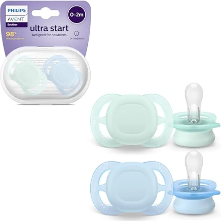 AVENT Ultra Start Schnuller SCF075/02, kiefergerecht, BPA-frei, für Neugeborene (0-2 Monate), Doppelpack mit Sterilisationsbehälter, grün/blau – Bild 1