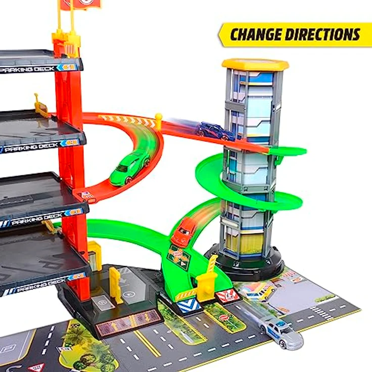 Dickie Toys - 4-stöckiges Parkhaus für Kinder ab 3 Jahre (87x52 cm) mit Zubehör - große Spielzeug-Parkgarage auf 5 Ebenen mit Aufzug, Rennbahn, Spielzeugautos, Hubschrauber, Licht & Sound – Bild 3