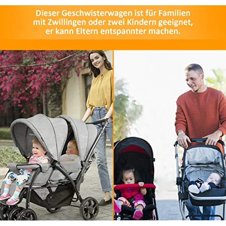 GOPLUS Geschwisterwagen Zwillingswagen, Kinderbuggy Klappbar, Buggy Zwilinge, Kinderwagen Babybuggy, Babywagen Grau, für Babys ab 6 Monate – Bild 6