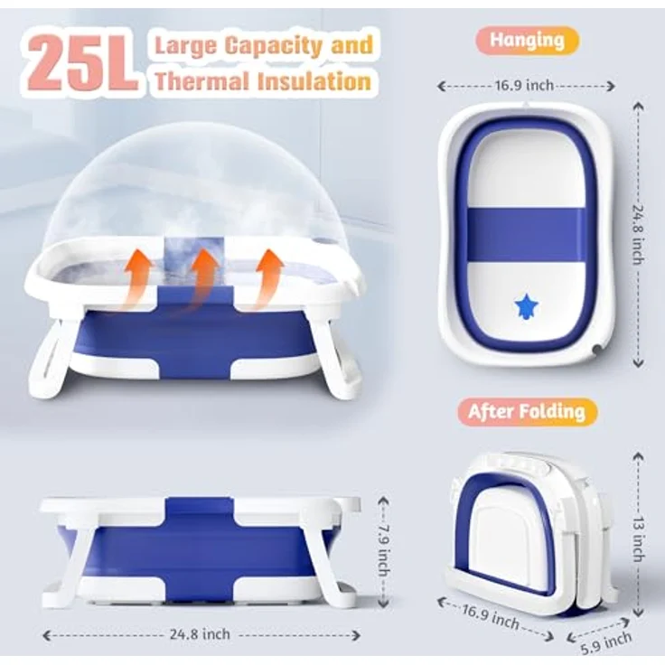 RABB 1ST Baby Badewanne Faltbar, Tragbare Babywanne für Neugeborene und Kleinkinder mit Rutschfester Matte und Abflussloch, Blau – Bild 5