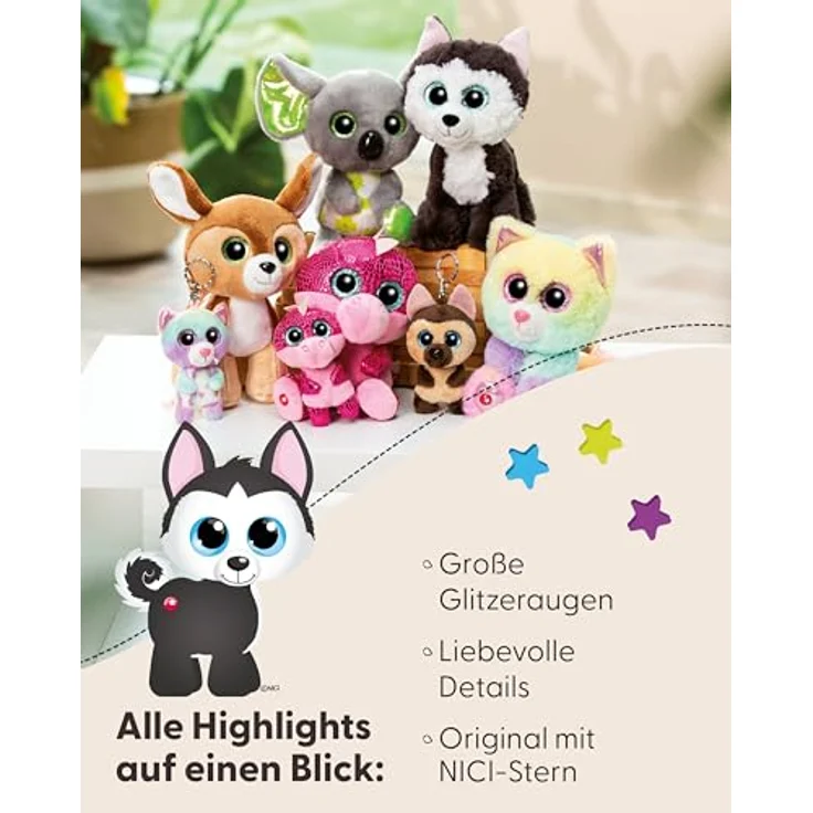 NICI GLUBSCHIS Kuscheltier Hund Husky Barkley 15 cm - Farbenfrohes Stofftier mit großen, niedlichen Glitzeraugen - Rosa Ohren - Original NICI Plüsch-Fell - Sammelfieber - 49398 – Bild 4