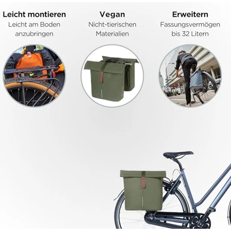 Basil Doppelpacktasche Moss Green 12x30x33 cm - Robuste Kinderfahrradtasche mit großzügigem Fassungsvermögen, wasserabweisendem Material und einfacher Pflege – Bild 2