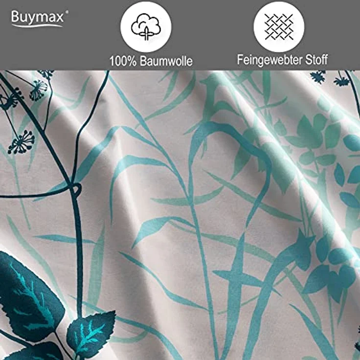 Buymax Bettwäsche 200x200 Baumwolle 3-Teilig Bettgarnitur mit Bettbezug und Kissenbezüge 80x80 Renforce Bettwäsche-Set Botanisch Blätter Zweige, Türkis Weiß Petrol – Bild 3
