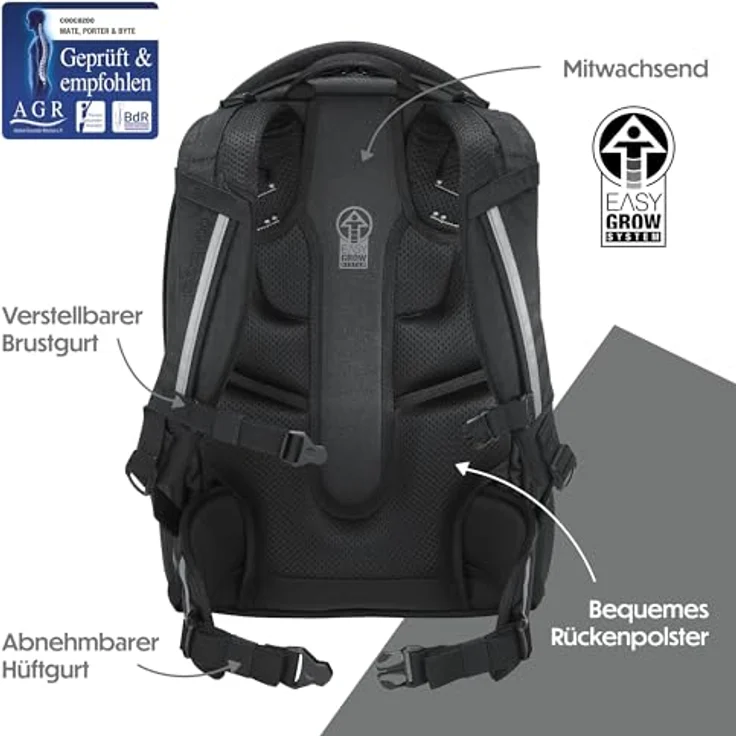Coocazoo PORTER Schulrucksack „Black Coal”, ergonomischer & anpassbarer Tornister, höhenverstellbar, mit Brustgurt & Hüftgurt, ideal für die 3. Klasse, schwarz – Bild 4