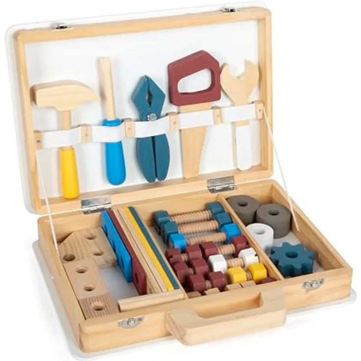 Small Foot Kinder-Werkzeug-Set Werkzeugkoffer Workshop, 53-tlg. aus Holz mit realitätsnahem Zubehör und Tragegriff – Bild 2